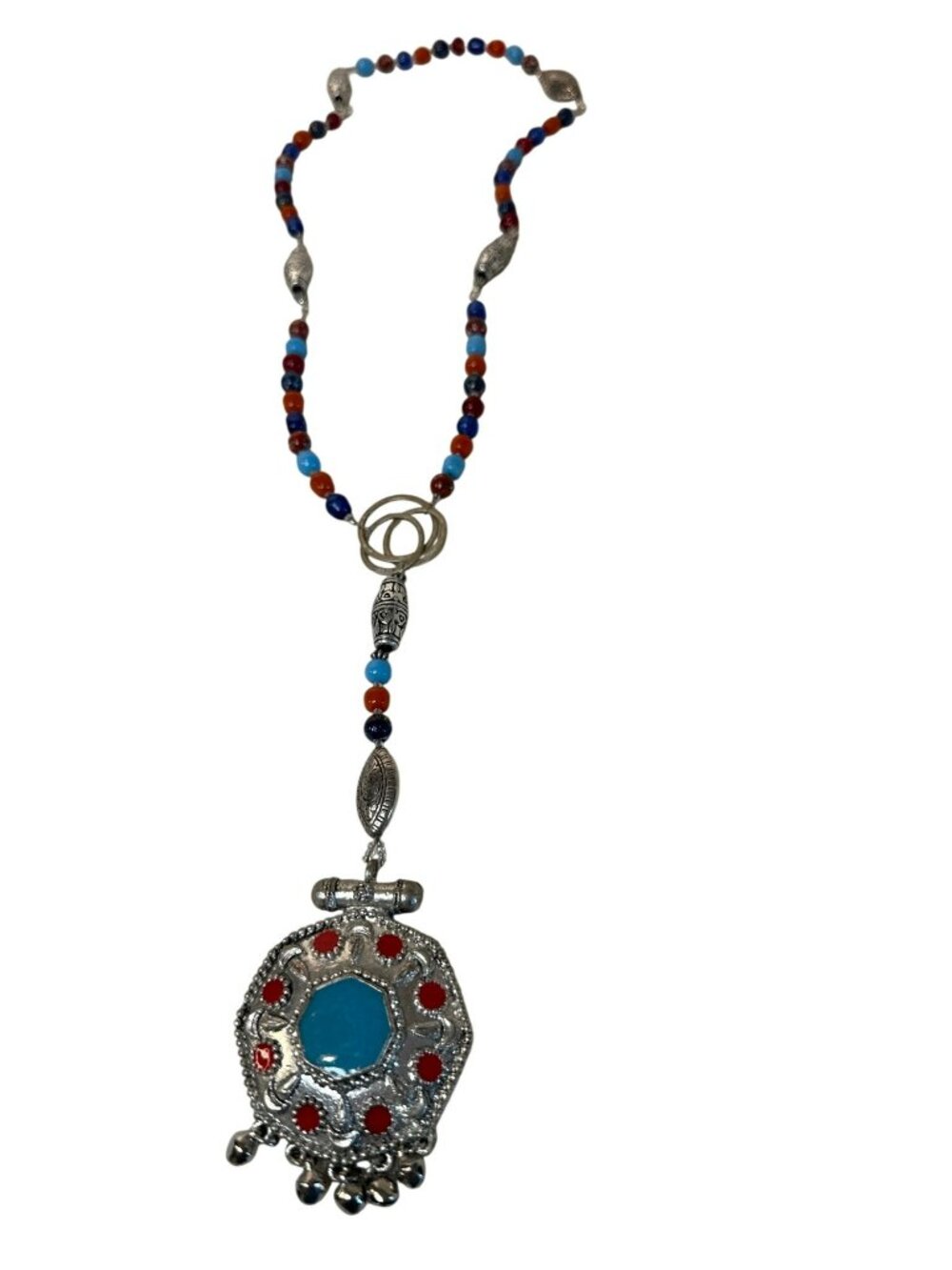 Beaded Necklace Pendant Southwestern Style Red & Turquoise Colors Boho Western